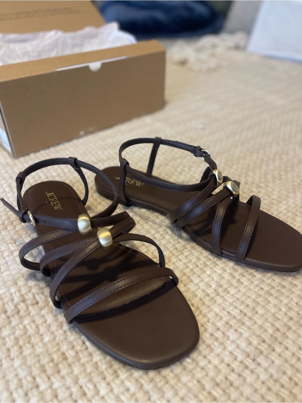 (NWT) J. Crew Dark Brown Leather Multi-Strap Sandals with Gold Accents